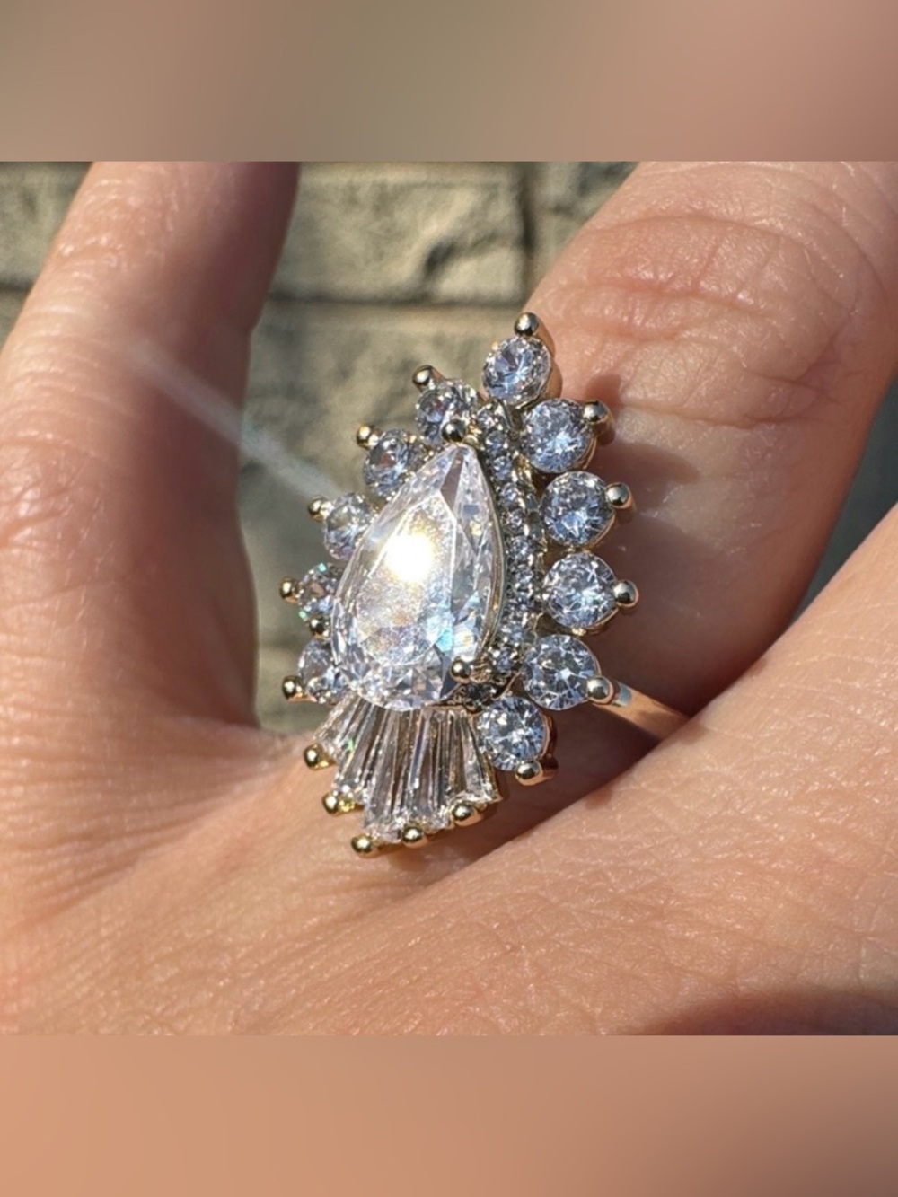 Gold Plated Teardrop Halo Ring baguettes & CZ Size 10 Wedding Engagement